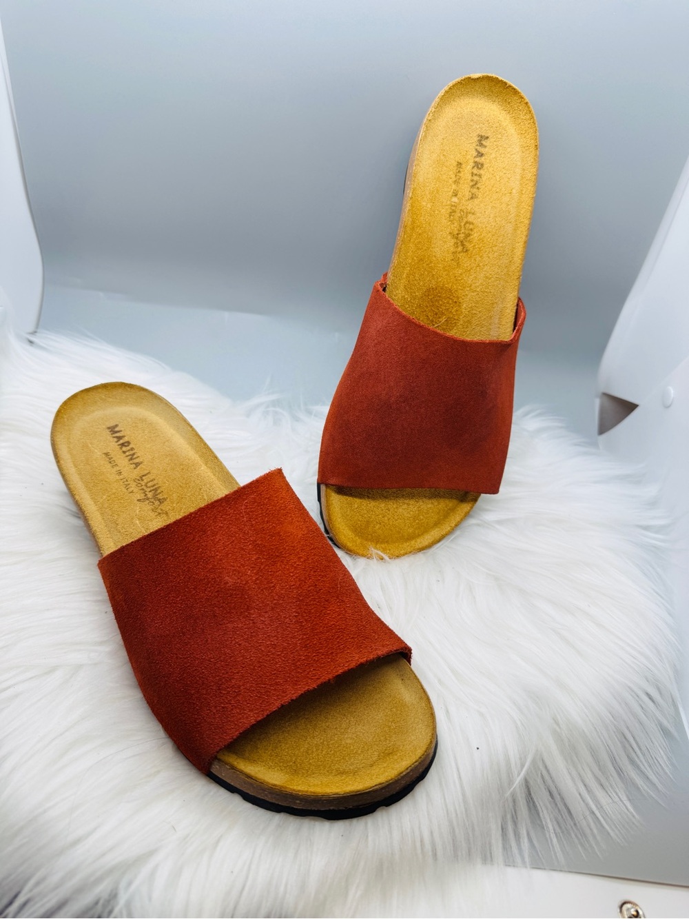 Marina Luna Italian Leather Slide Sandals – Size 8.5 Rust Suede Slide Mules